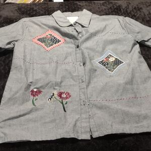 Bobbie Brooks Gray Women's Button Down Shirt with Floral Embroidery